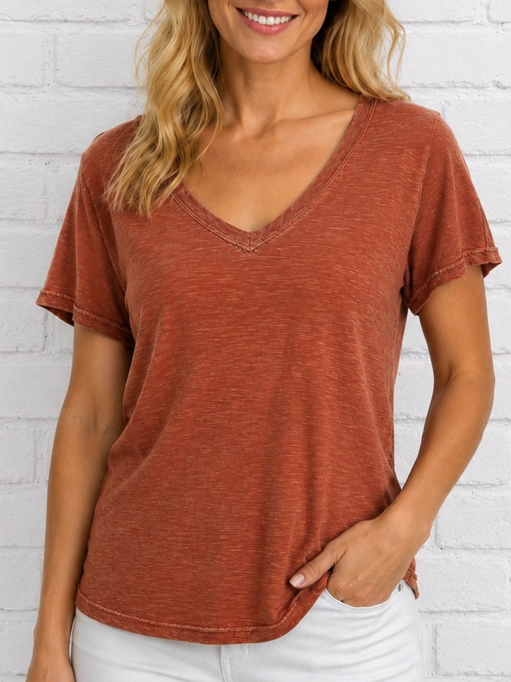 Pilcro Anthropologie Burnt Orange Slub Knit V Neck Tee XL
